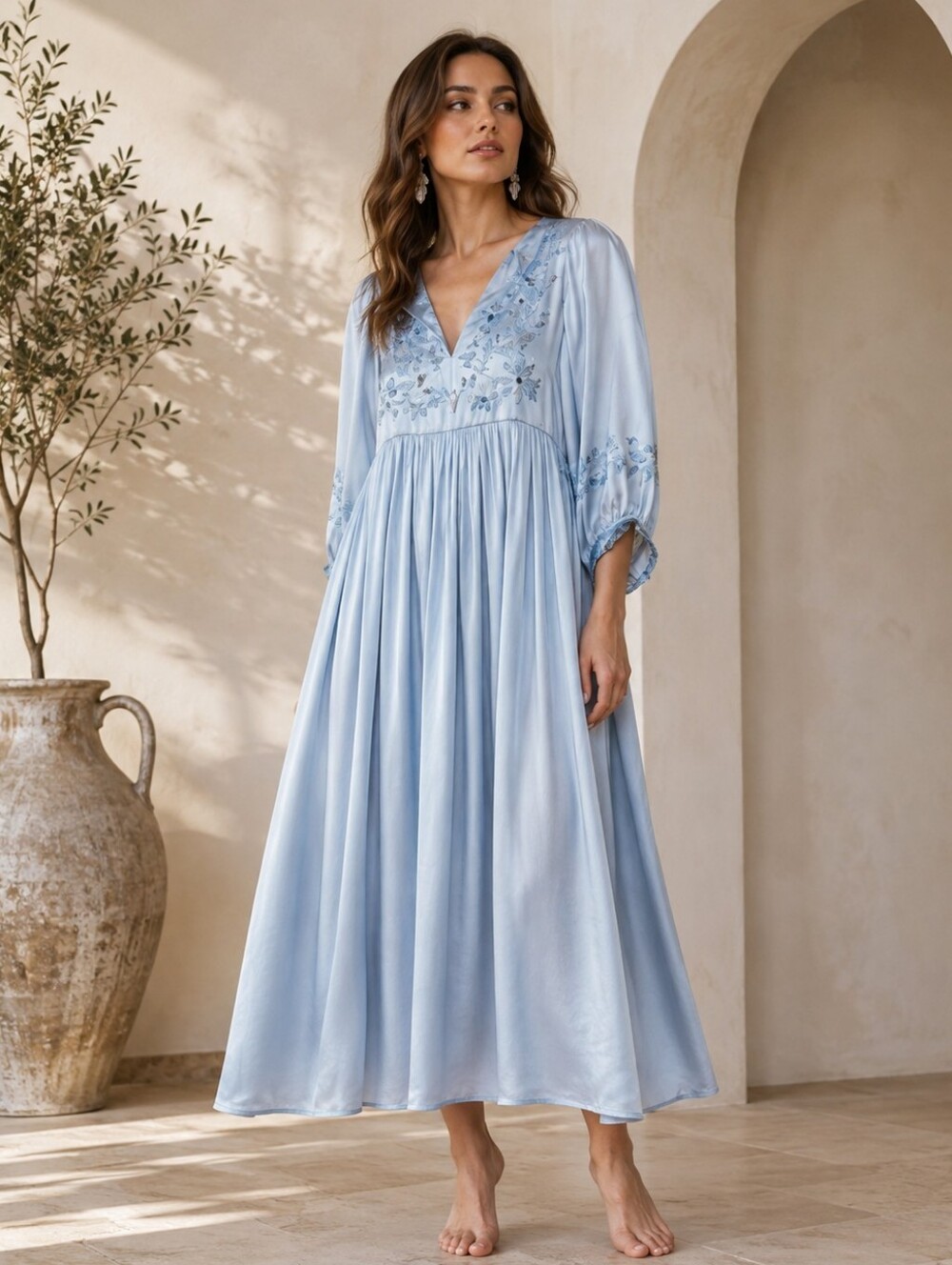 NWT MI GOLONDRINA Satin Embroidered Violeta Azules Specialty Long Dress Medium